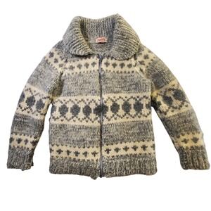 Vtg 70s Handmade Wool Cowichan Sweater Jacket Nordic Fair Isle Full Zip Small